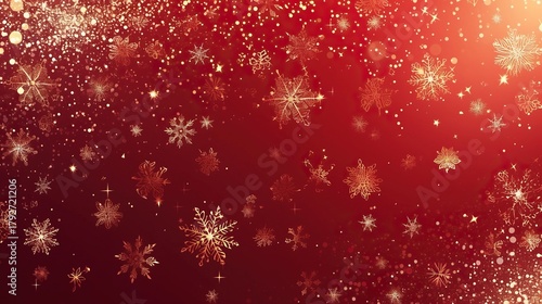 A red background with falling snowflakes, golden lights, and a deep red gradient, creating a Christmas/New Year festive atmosphere, leaving ample space for text or graphics.