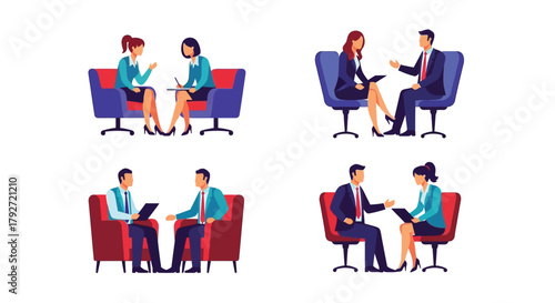 Business professionals engaged in various meeting and interview scenarios