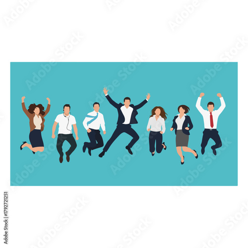 Diverse group of happy business people jumping for joy celebrating success teamwork and achievements together