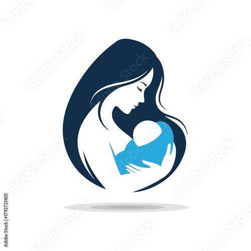 Elegant Mother Holding Baby Silhouette Vector Graphic Illustration symbolizing maternal love gentle care and family bond in dark blue and light blue colors