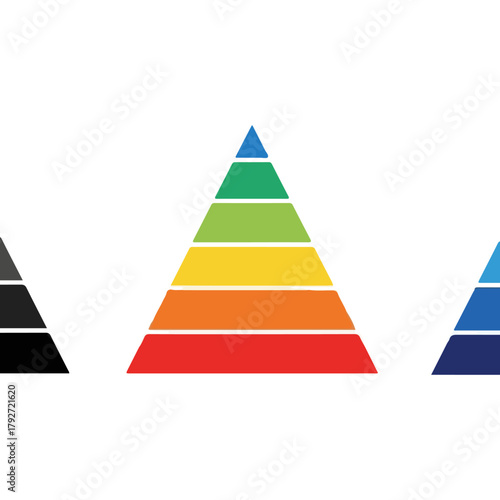 Set of colorful pyramid charts and diagrams in different styles, isolated on white background, representing data visualization and analysis concepts.