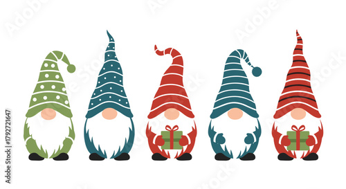 A delightful group of five adorable gnome characters wearing festive patterned hats and holding small wrapped gifts for a cheerful holiday season celebration.