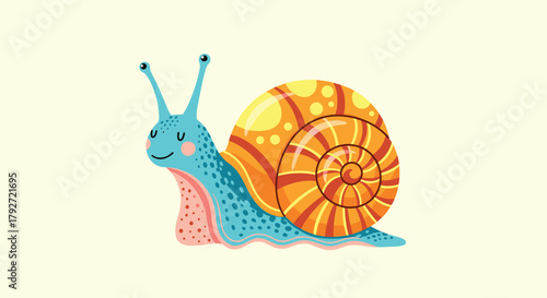 An adorable cartoon snail with a bright orange spiral shell and antennae.