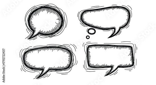 A collection of four hand-drawn speech bubbles in different shapes and styles for communication.