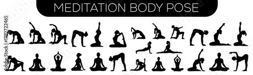 vector silhouettes set of meditation woman body pose, silhouette, people, woman, vector, silhouettes, black, yoga, couple, outline, set, fitness, icon, men.