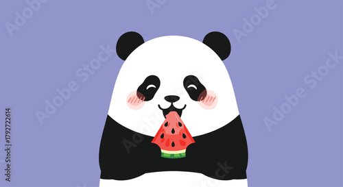 Adorable cartoon panda happily eating a juicy slice of watermelon on a light purple background.