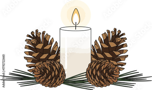 Christmas candle with pine cones and pine branch