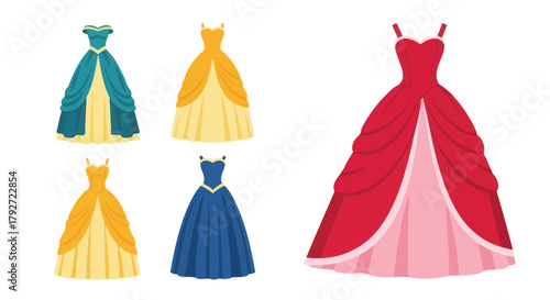 A collection of colorful elegant princess gowns displayed in a simple arrangement