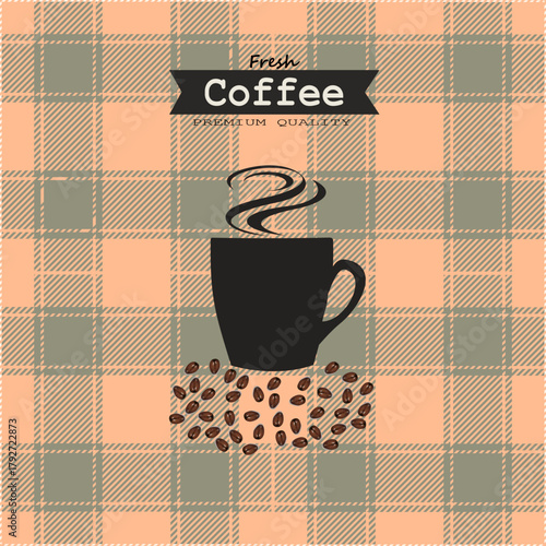 Cup of coffee with coffee beans and ground coffee in the background