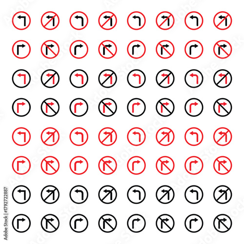 Set of Traffic Directional Symbols No Turn Restriction Signs Vector Illustration.