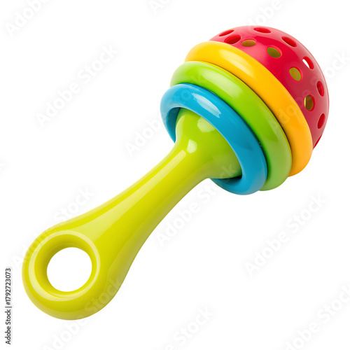 Brightly colored baby rattle toy with a handle