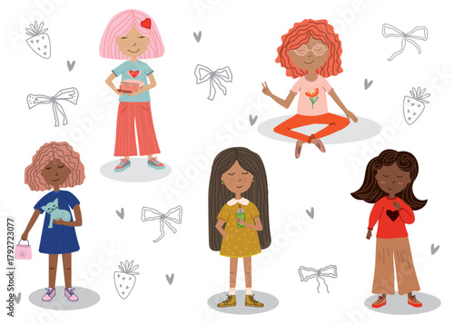 Diverse cute girls practicing self care and mindfulness — multicultural women relaxing, smiling, reading, and meditating in flat modern cartoon style