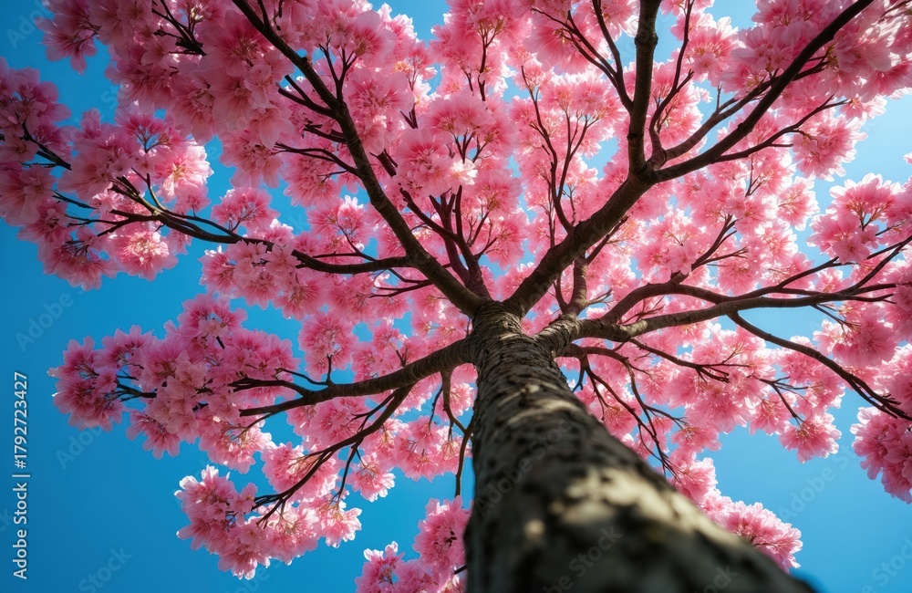 Fototapeta premium Pink trumpet tree blooms profusely with vibrant pink flowers against clear blue sky. View is from below, looking up into full branches covered in blossoms. Nature scene of ipe rosa in spring.