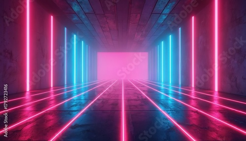Wallpaper Mural Futuristic tunnel with neon lights pulsing in blue and pink. Concrete floor reflects glowing lines, creating an electric atmosphere for music or events. Vibrant entryway beckons. Torontodigital.ca