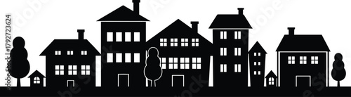 Urban neighborhood silhouette, residential buildings, houses, apartments, trees, chimneys, cityscape, black and white, architecture, real estate, vector design