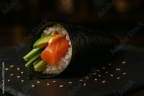 Fresh Salmon Hand Roll Sushi with Avocado, Cucumber, and White Rice Wrapped in Seaweed on Black Slate, Japanese Cuisine Close Up