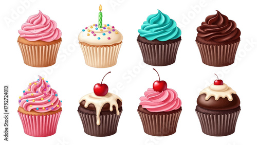 Vector illustration of assortment of colorful cupcakes with frosting and toppings on a transparent background