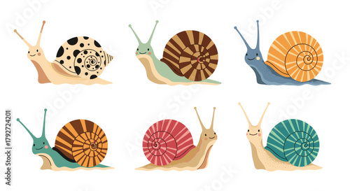A collection of six adorable pixel art snails with colorful patterned shells in a delightful visual arrangement.