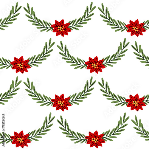 Seamless pattern with red poinsettia flowers and green rosemary leaves arranged in linear decorations. Christmas, New Year colors. Flat texture of Christmas decor for textile printing, seasonal decor