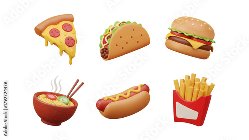 Vector illustration of collection of fast food items including pizza, taco, burger, noodles, hot dog, and french fries on a transparent background