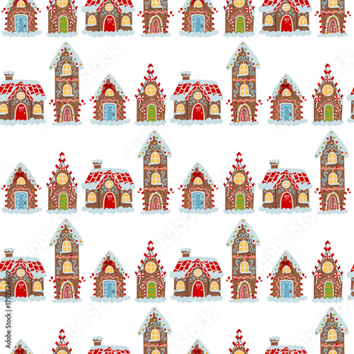 pattern of whimsical Christmas gingerbread houses decorated with colorful intricate icing details. houses are lined up like street. For wrapping paper, textiles, and backgrounds for winter holidays