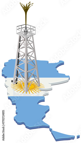 Petroleum drilling rig standing on the Argentina country map (flag colors). Concept for oil, gas, natural resources, or energy economy. (cut out)