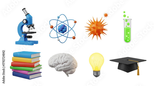 Vector illustration of collection of science and education symbols including microscope, atom, virus, test tube, books, brain, light bulb, and graduation cap on a transparent background