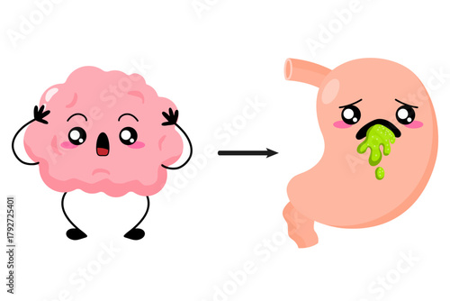 Stress nausea, Psychogenic vomiting, functional vomiting. Brain and stomach character. Cartoon brain with Stomach nausea. Internal human organs. Stock vector illustration isolated on white background.