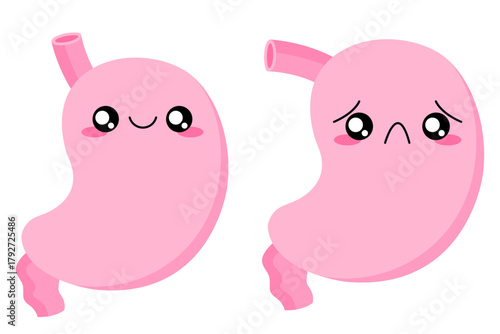 Healthy and sick stomach character. Cartoon internal organs. Gastritis and heartburn. Improper diet, acid, infection. Stock vector illustration isolated on white background.