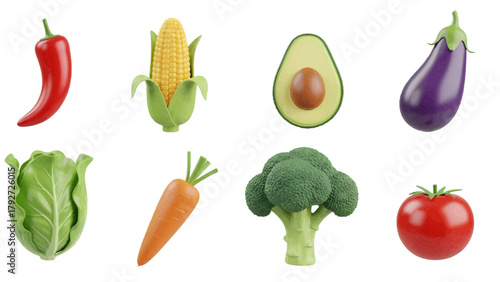 Vector illustration of assortment of fresh vegetables including chili, corn, avocado, eggplant, lettuce, carrot, broccoli, and tomato, on a transparent background