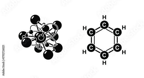 Molecular structure depictions of benzene ball and stick and skeletal formulas