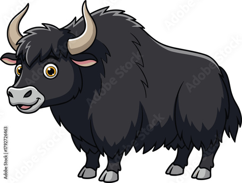 Cartoon yak illustration, shaggy black fur, mountain animal, cute livestock, horned creature, educational drawing, friendly farm animal, vector art