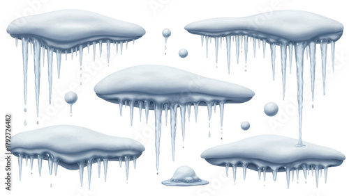 Vector illustration of collection of melting icicles and snow formations with small snowballs on a transparent background