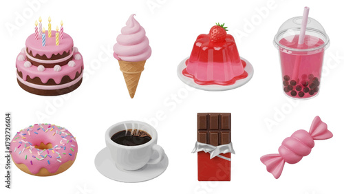 Vector illustration of assortment of sweet desserts and drinks including cake, ice cream, jelly, coffee, and candy on a transparent background
