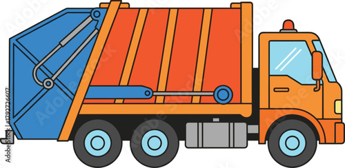 Cartoon garbage truck, municipal vehicle, waste collection, sanitation service, recycling truck, kids illustration, orange truck, blue compartment, educational drawing, city cleanup