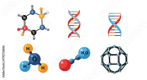 Molecular structures including dna benzene rings and water representations displayed