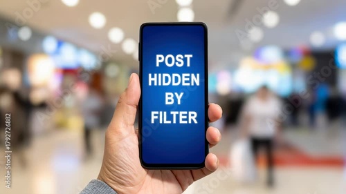 Hand holds smartphone with frustrating message social media post hidden by filter, clear example of content moderation and digital censorship by algorithm