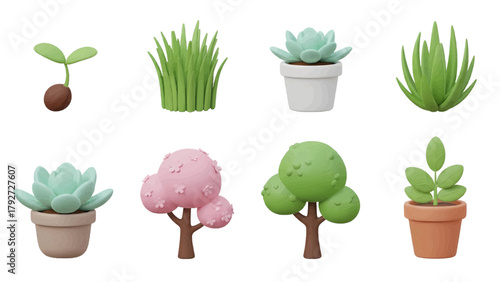 Vector illustration of collection of cute clay plants and trees on a transparent background