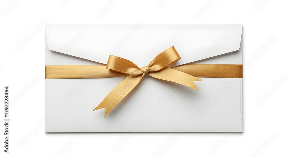 Fototapeta premium Elegant white envelope sealed with a luxurious golden ribbon and bow, symbolizing a special invitation or gift.