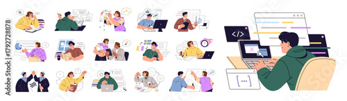 Students set. People are reading books, learning foreign languages, solve maths, programming, study online. School and college education concept. Flat isolated vector illustrations on white background