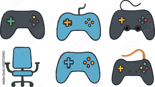 Gaming setup with gamepads and chair