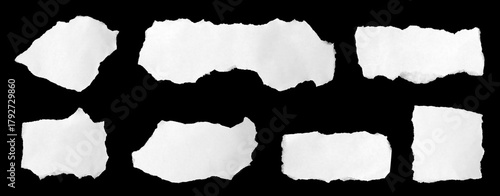 A collection of irregular torn white paper pieces isolated on a black background, showing natural rough edges and unique shapes, ideal for collage design, creative artwork, scrapbooking, posters,