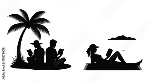 Relaxing seaside scene people reading books under a palm tree silhouette