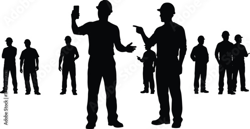 Silhouette of construction workers discussing project, smartphone communication, teamwork in safety helmets, engineering coordination, black and white illustration, labor unity, industrial site scene