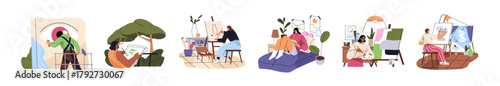Set of drawing artists. Talented people painting on canvas, on easel. Painters create pictures, graffiti on walls, paint still life in art class. Flat isolated vector illustrations on white background