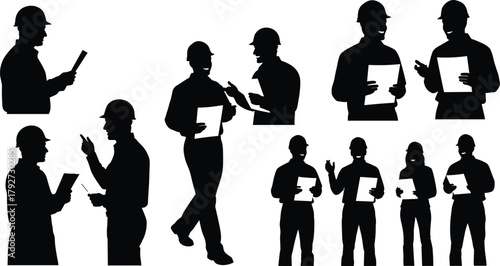 Silhouette of construction workers discussing documents, teamwork in safety helmets, engineering collaboration, black and white 