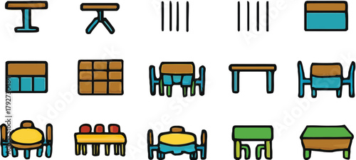 Collection of dining tables and chairs for interior design