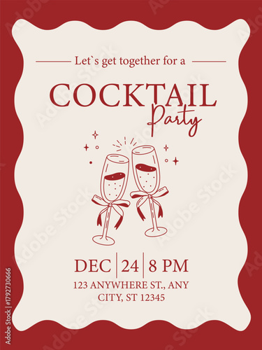 Elegant Christmas cocktail party invitation with two champagne glasses, festive frame, and simple holiday design in red colors.