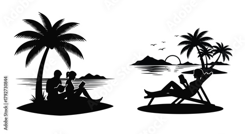 Silhouette scene depicting a peaceful tropical beach with relaxing figures