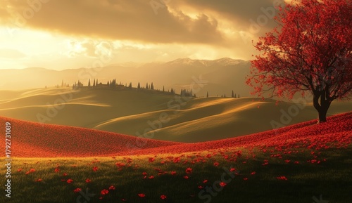 During autumn, the Italian countryside is painted with vibrant hues, as a vineyard's rows of red-leaved vines are set aglow by the warm light of sunrise